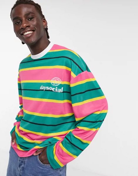 Oversized-лонгслив в полоску с вышитым логотипом на груди ASOS Day Social​​​​​​​-Мульти