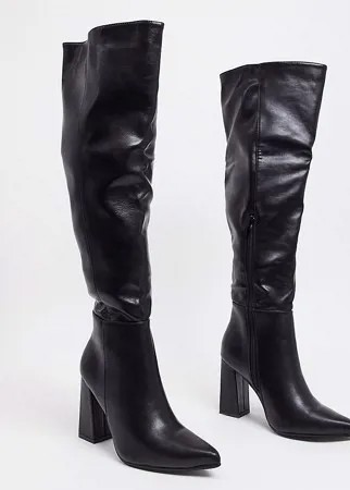 Черные сапоги для широкой стопы на блочном каблуке с высоким голенищем и острым носком Truffle Collection-Черный цвет