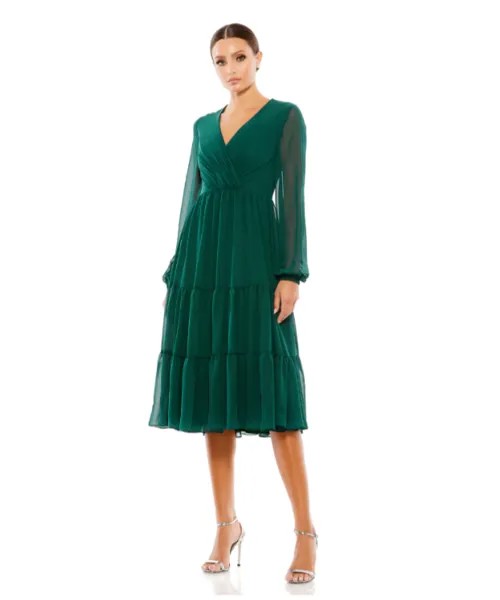 IEENA MAC DUGGAL Изумрудно-зеленое многоуровневое прозрачное платье с длинными рукавами и V-образным вырезом со рюшами 16