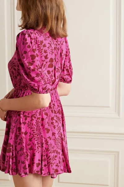 RHODE Крепдешиновое мини-платье Georgia со сборками и принтом, розовый