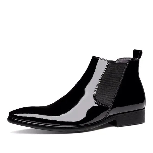 Качественная лакированная кожа классическая мужская обувь модные ботильоны челси мужские с острым носком без шнуровки деловые офисные раб...