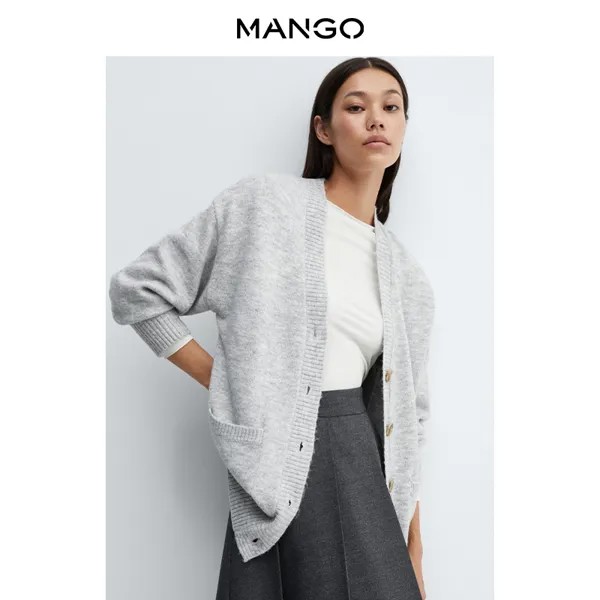 Женский трикотаж MANGO, весна 2024, новый европейский и американский кардиган на пуговицах с v-образным вырезом и длинными рукавами, светло-серый