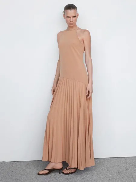 Плиссированное платье макси Mango, коричневое
