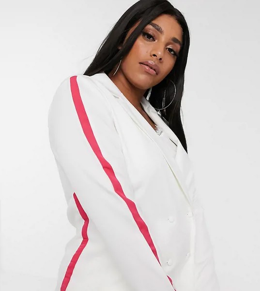 Белый длинный пиджак с розовым кантом Lasula Plus