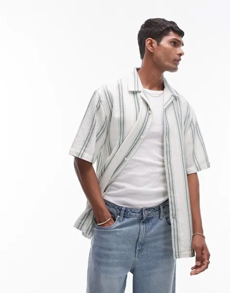 Зеленая рубашка в полоску с короткими рукавами и полосками Topman