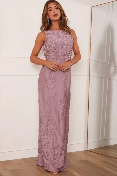 Кружевное платье макси с вышивкой и драпированной спиной Chi Chi London, фиолетовый