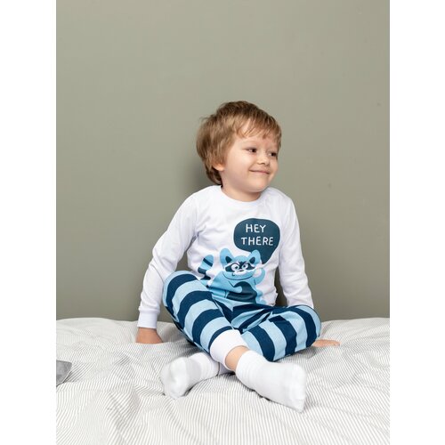 Пижама Ohana kids, свитшот, брюки, брюки с манжетами, манжеты, на резинке, размер 128, белый, голубой