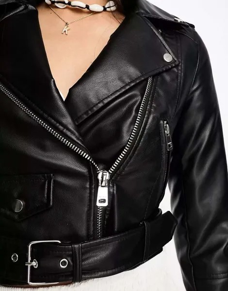Черная байкерская куртка из искусственной кожи Pull&Bear
