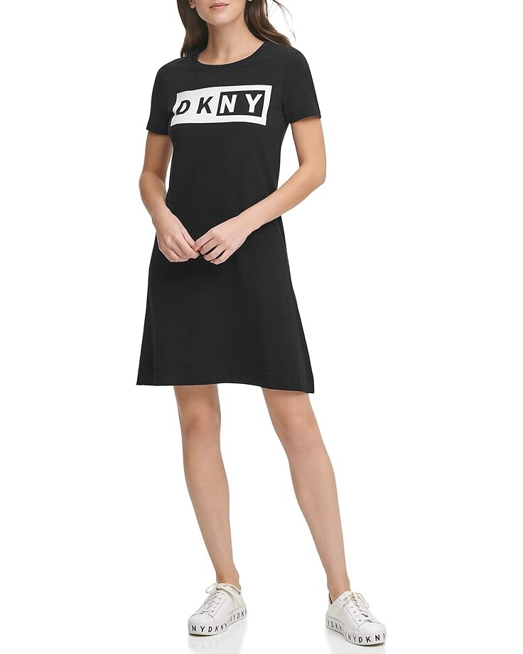 Платье DKNY Short Sleeve Logo Fit-and-Flare Tee Dress, черный