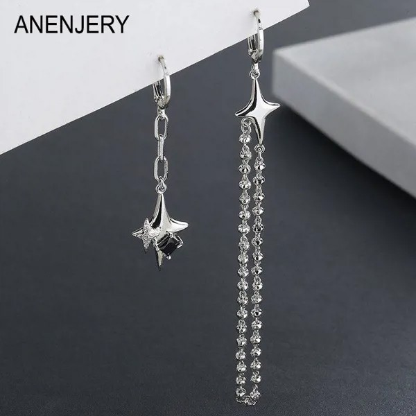 ANENJERY Асимметричный Черный Циркон Звезда Крест Цепь Кисточка Серьги для женщин Long Cool Уникальная вечеринка Ювелирные изделия