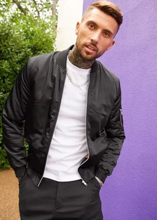 Черный бомбер с карманом MA1 и оранжевой подкладкой ASOS DESIGN-Черный цвет