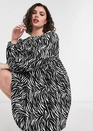 Фактурное свободное платье мини с длинными рукавами и зебровым принтом ASOS DESIGN Curve-Многоцветный