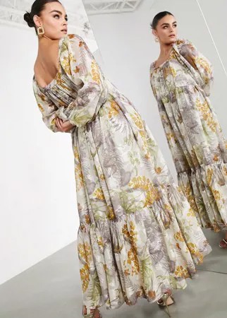 Атласное платье макси в стиле oversized с цветочным принтом и квадратным вырезом ASOS EDITION-Многоцветный