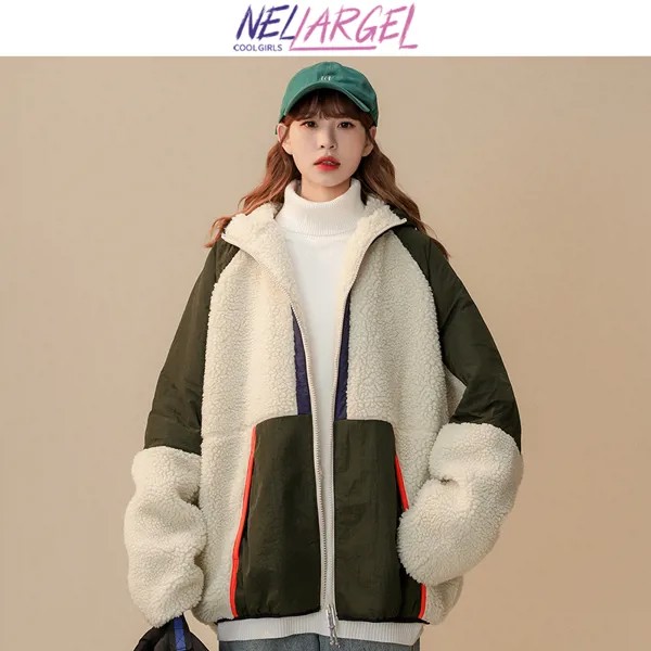 NELLARGEL женская однотонная куртка из овечьей шерсти в стиле пэчворк 2022 женская зимняя японская ветровка в стиле харадзюку корейская уличная о...