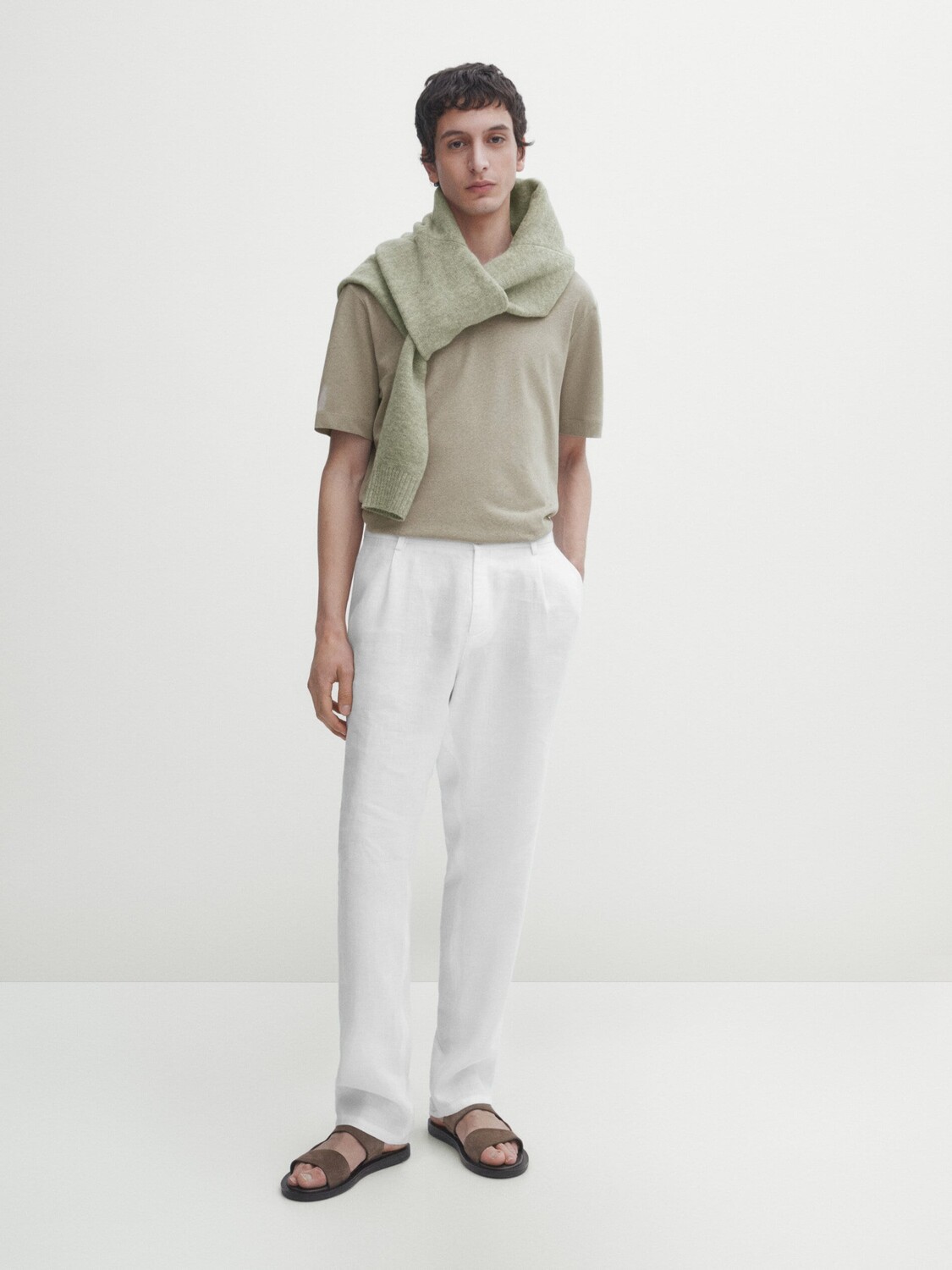 Футболка с короткими рукавами из смеси льна и хлопка Massimo Dutti, бежевый