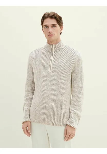 Свитер ПУЛОВЕР И СТРИКДЖЕКЕН STRICKPULLOVER MIT TROYER KRAGEN TOM TAILOR, мулине темно-бежевого цвета