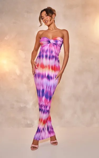 PrettyLittleThing Пурпурное платье-бандо с плиссированным узлом и абстрактным принтом