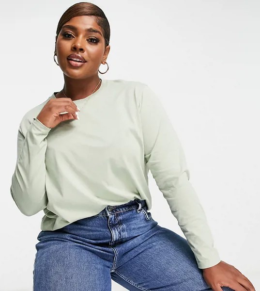 Лонгслив шалфейно-зеленого цвета из смесового органического хлопка ASOS DESIGN Curve Ultimate-Зеленый цвет
