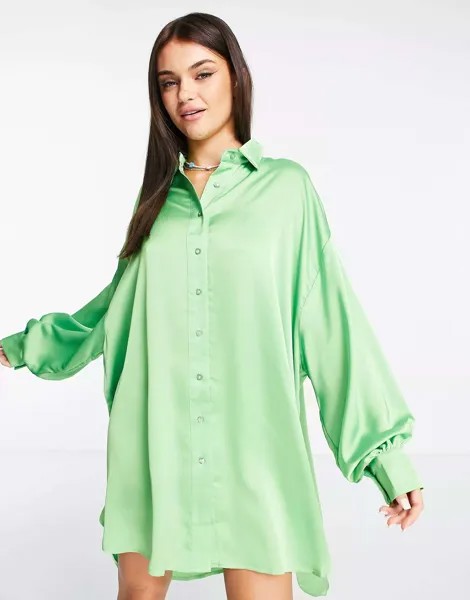 Гламурное платье-рубашка на пуговицах из атласа яблочно-зеленого цвета Glamorous