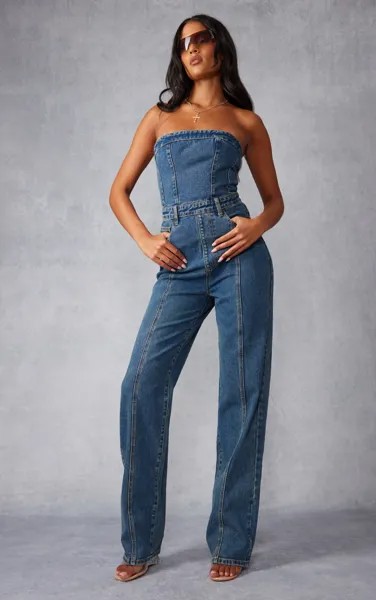 PrettyLittleThing Высокий джинсовый комбинезон-бандо в винтажном стиле цвета индиго с прямыми штанинами