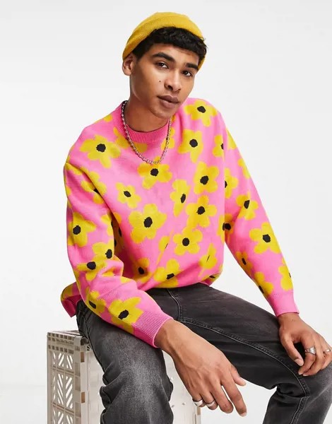 Трикотажный жаккардовый джемпер с цветочным принтом на розовом фоне ASOS DESIGN-Розовый цвет