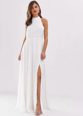 Платье макси с высоким воротником и декоративной отделкой Frock & Frill-Белый