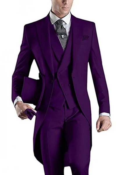 Мужские костюмы в стиле Morning, фиолетовые смокинги для жениха, мужские свадебные Женихи, 3 предмета (пиджак + брюки + жилет + галстук), D111