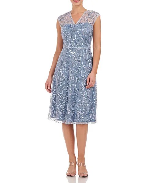 JS Collections Сетчатое платье трапециевидной формы длиной до колена без рукавов с пайетками и V-образным вырезом, синий