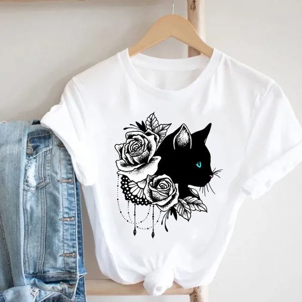 Tee Top Tshirt Cat flower 90s Животные Мода Одежда Женщины Летний принт Леди Женская Одежда С коротким рукавом T Casual Мультфильм Графическая футболка