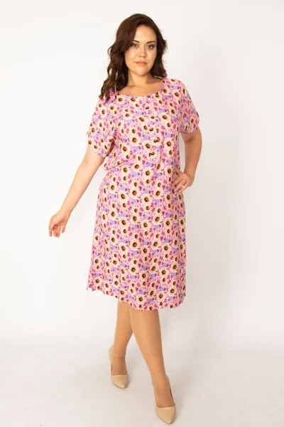 Женское платье большого размера из цветной вискозной ткани с пуговицами спереди и поясом на талии 65n33614 Şans, разноцветный