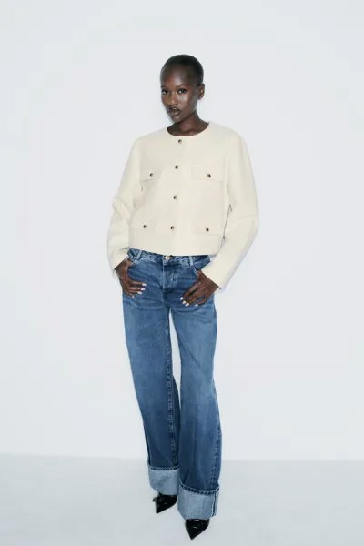 Укороченный пиджак с клапанами ZARA, экрю