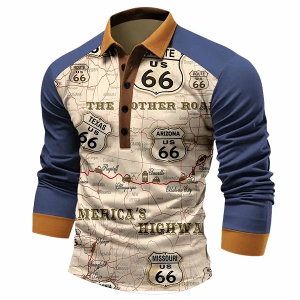Мужская футболка Polo Long Sleeve Vintage Route 66 Colorblock Повседневные топы Синий