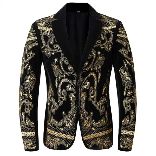 Роскошный черный блейзер с золотой цветочной вышивкой, мужской пиджак с лацканами на одной пуговице в стиле барокко, бархатный пиджак для с...