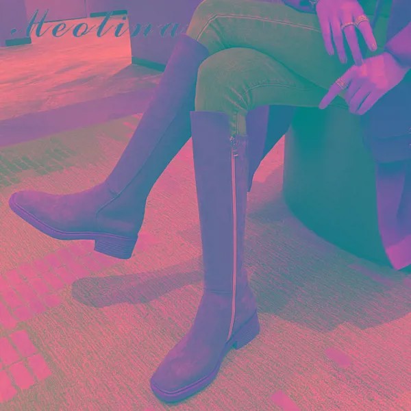 Женские сапоги для верховой езды Meotina, высокие сапоги до колена на квадратном каблуке, на молнии, высокие сапоги абрикосового цвета, Осень-зима 40