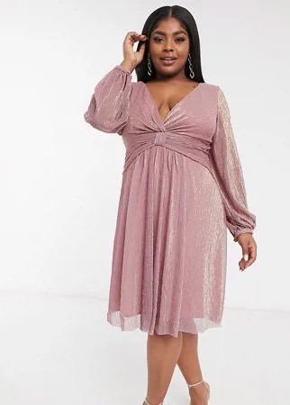 Асимметричное платье миди серо-розового цвета с длинными рукавами Chi Chi London Plus-Розовый цвет