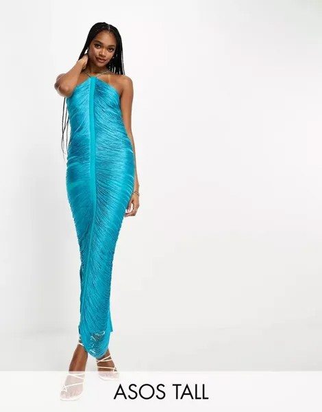 Голубое платье макси с драпировкой и бахромой ASOS DESIGN Tall