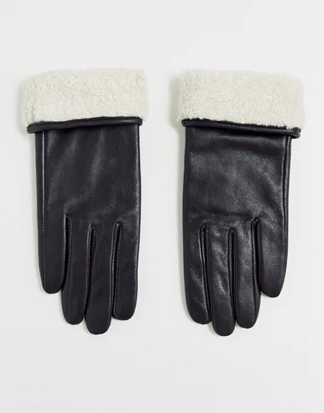 Черные кожаные перчатки для сенсорных экранов с отделкой из искусственного меха ASOS DESIGN-Черный