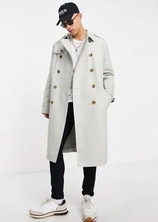 Удлиненный непромокаемый тренч серого цвета с поясом ASOS DESIGN-Серый