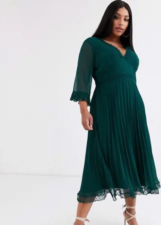 Платье миди с плиссировкой и кружевными вставками ASOS DESIGN Curve-Зеленый