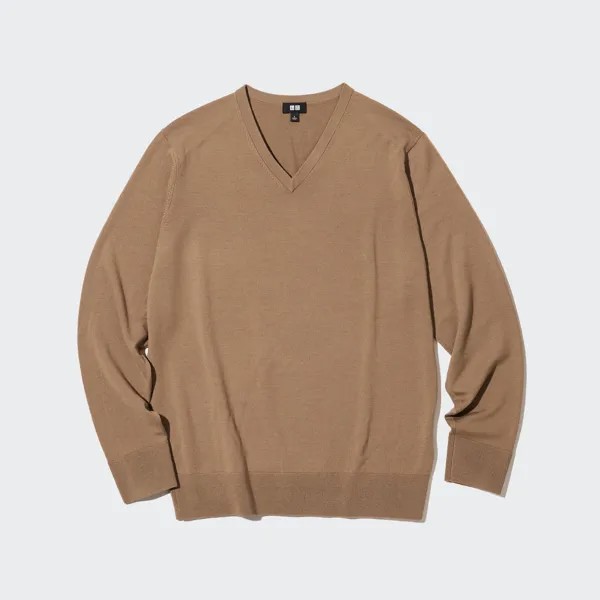 Джемпер Uniqlo мужской из шерсти мериноса с v-образным вырезом, бежевый