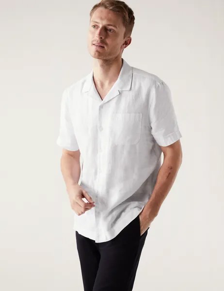 Рубашка из чистого льна с кубинским воротником Marks & Spencer, белый