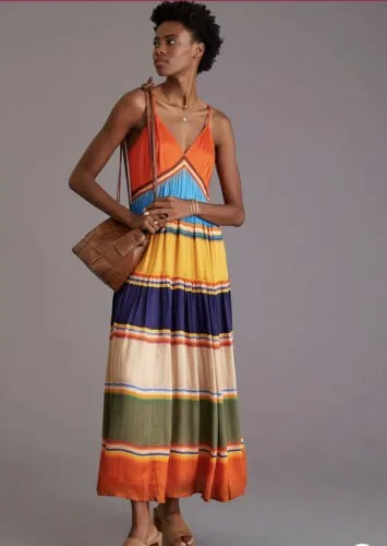 Платье макси Anthropologie Tanvi Kedia с V-образным вырезом и цветными блоками Оранжевый Синий Золотой M NWT