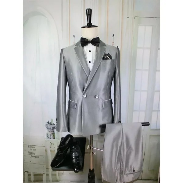Серебряный Блестящий костюм, мужские свадебные костюмы 2021, смокинг для вечеринки жениха, комплект из 2 предметов, облегающий деловой мужской костюм (Блейзер + брюки)