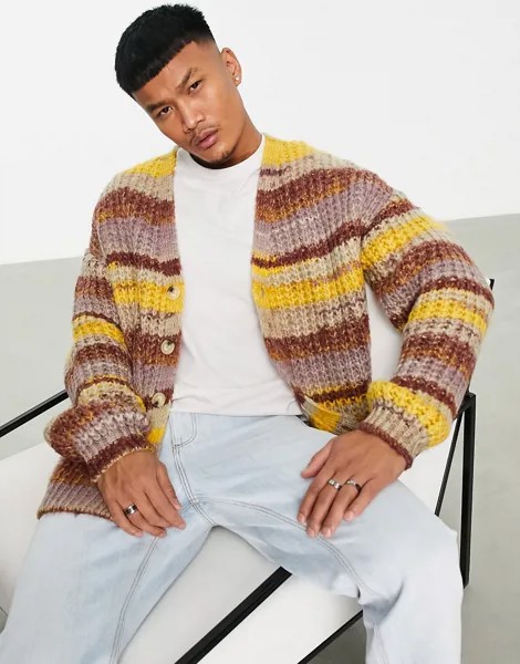 Кардиган крупной вязки в полоску из цветной меланжевой пряжи ASOS DESIGN-Разноцветный