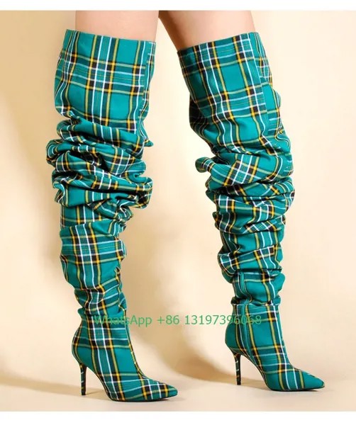 Женские Плиссированные Сапоги выше колена, Классические сапоги до бедра в стиле панк с заостренным носком и клетчатым принтом, обувь больших размеров