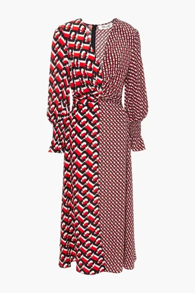 Платье миди из шелкового крепдешина с принтом и завязками Diane Von Furstenberg, красный