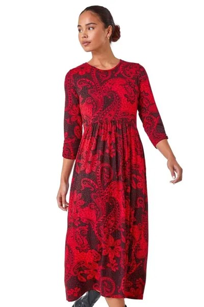 Красное эластичное платье миди с принтом 