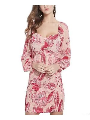 GUESS Женское красное платье с баской и квадратным вырезом в рубчик с цветочным принтом и длинными рукавами, M