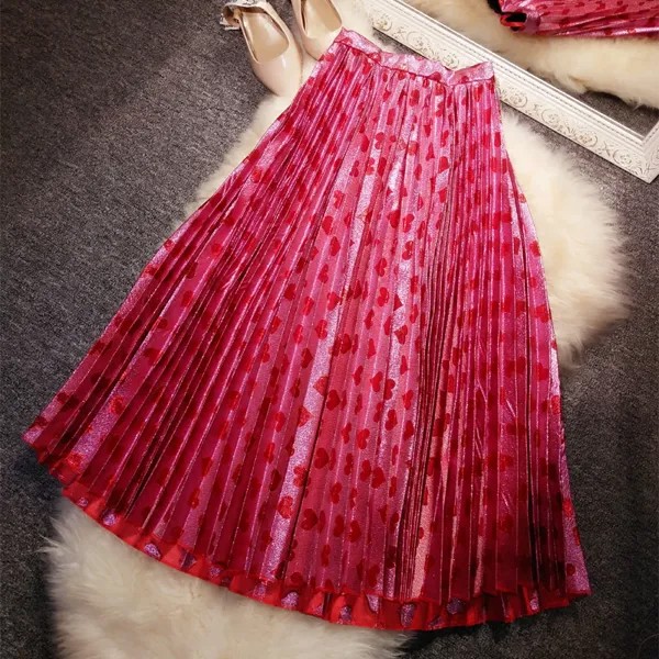 Женская плиссированная юбка, блестящая розовая персиковая юбка золотого и серебряного цвета