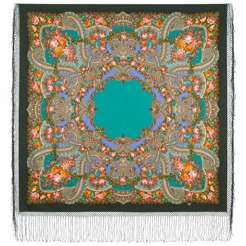 Платок Павловопосадская платочная мануфактура,148х148 см, зеленый, бирюзовый